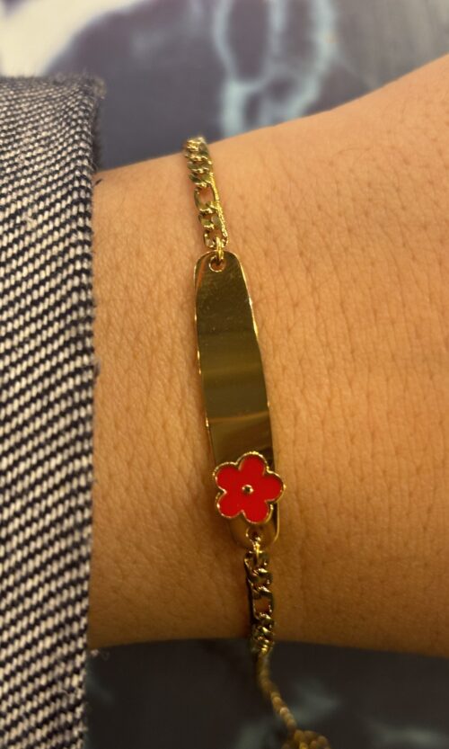 Gourmette enfants fleur rouge gravure