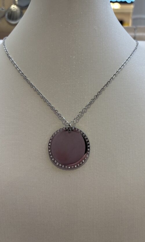 Collier Gravure Rond Strass Argenté